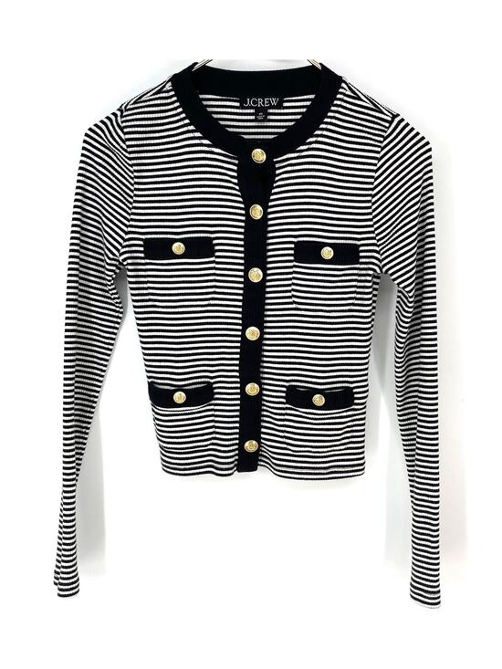 J. Crew Sweaters - J.Crew Vintage Rib Lady Jacket XS Black White Stripe Gold Button Cardigan